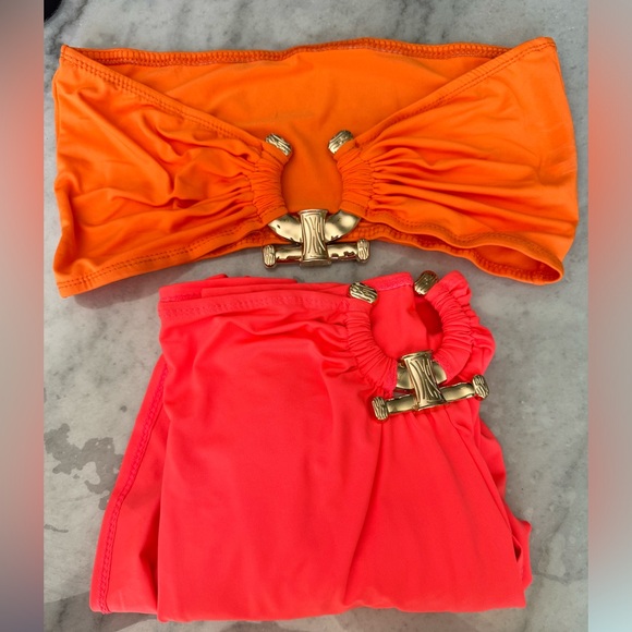 Neon Two Piece Beach Outfit Metal Rings Strapless Crop Top High Split Maxi Skirt - Picture 2 of 5